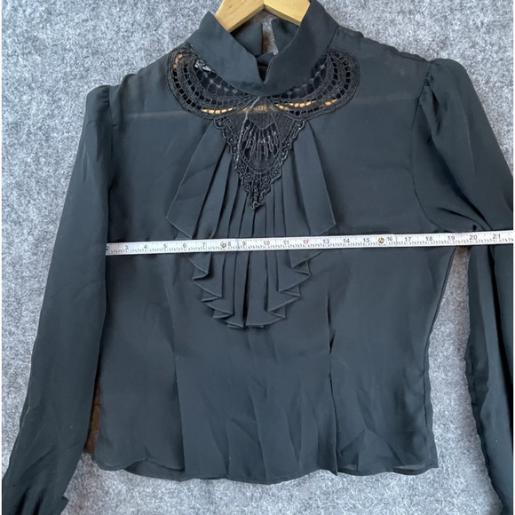 David Benjamin Shirt Womens Large Black Ruffle Button Back Lace Sheer - Picture 4 of 6